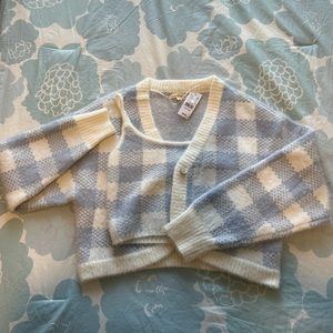 PacSun matching cropped Blue and White Plaid Fuzzy tank top and Cardigan set
